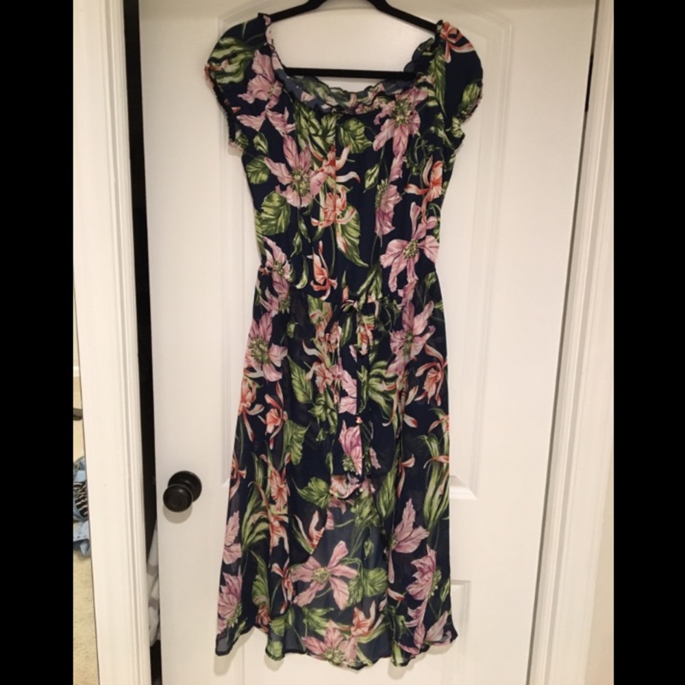 Off the Shoulder Navy Floral Romper with Skirt - Picture 2 of 5